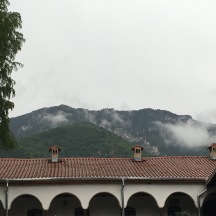 A view of the mountains behind the cloister building.