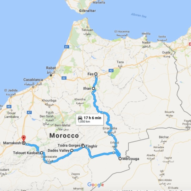 Our road trip route from Fez to Marrakech via the Atlas Mountains.